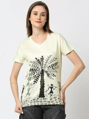 Tropical Graphic Printed Women's V-Neck T-Shirt - White/Peach