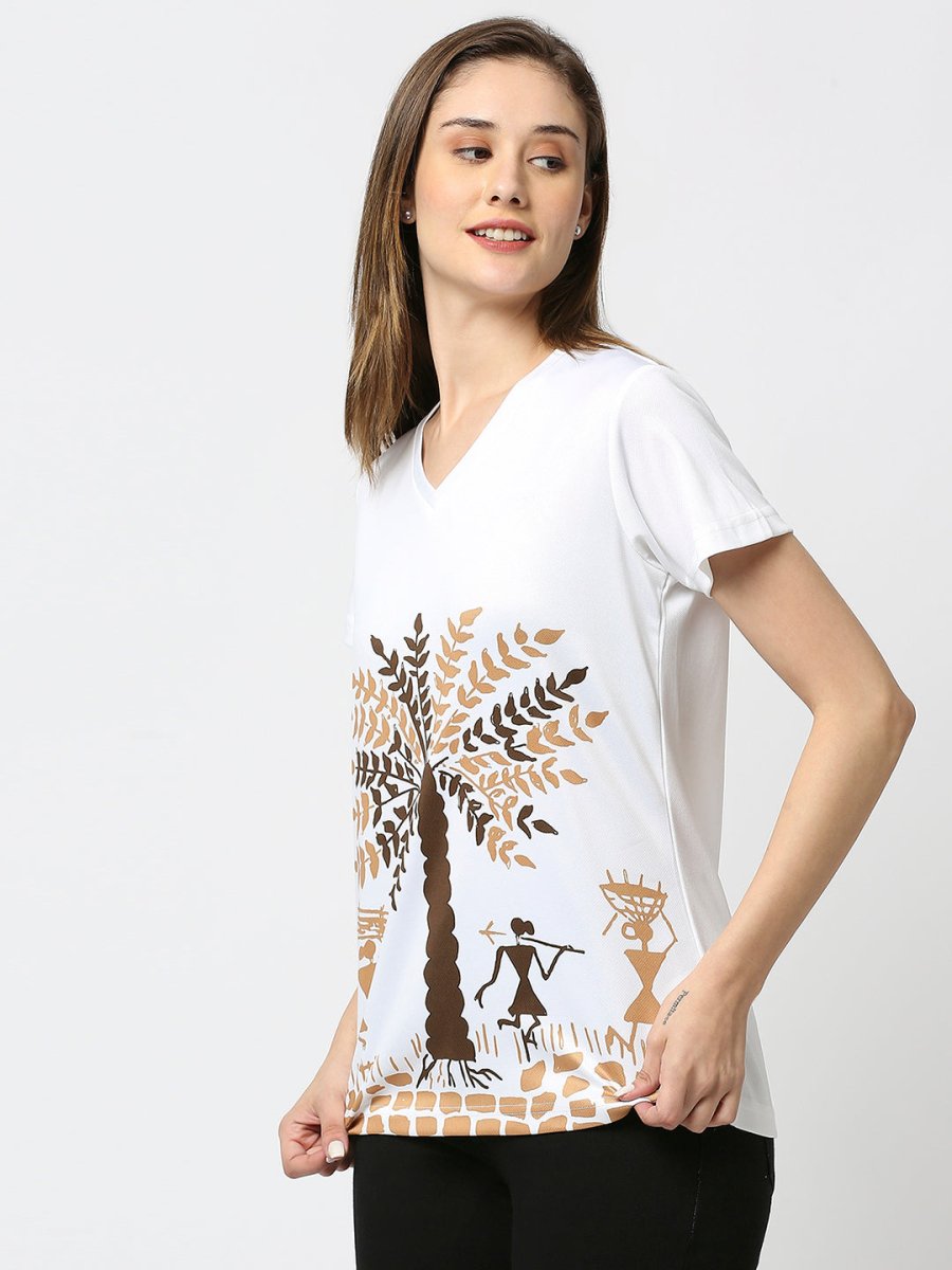 Tropical Graphic Printed Women's V-Neck T-Shirt - White/Peach