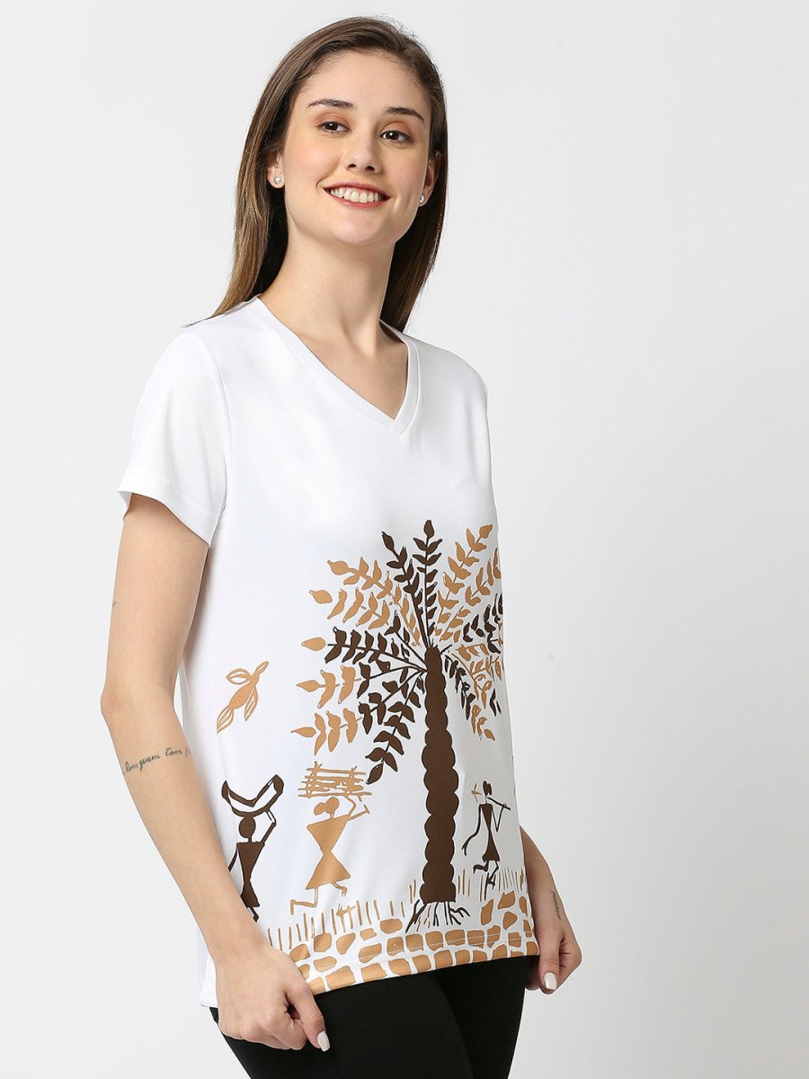 Tropical Graphic Printed Women's V-Neck T-Shirt - White/Peach