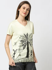 Tropical Graphic Printed Women's V-Neck T-Shirt - White/Peach