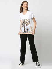 Tropical Graphic Printed Women's V-Neck T-Shirt - White/Peach