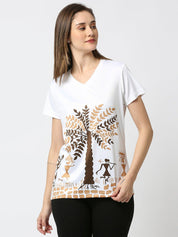 Tropical Graphic Printed Women's V-Neck T-Shirt - White/Peach