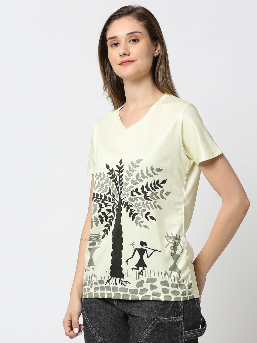 Tropical Graphic Printed Women's V-Neck T-Shirt - White/Peach