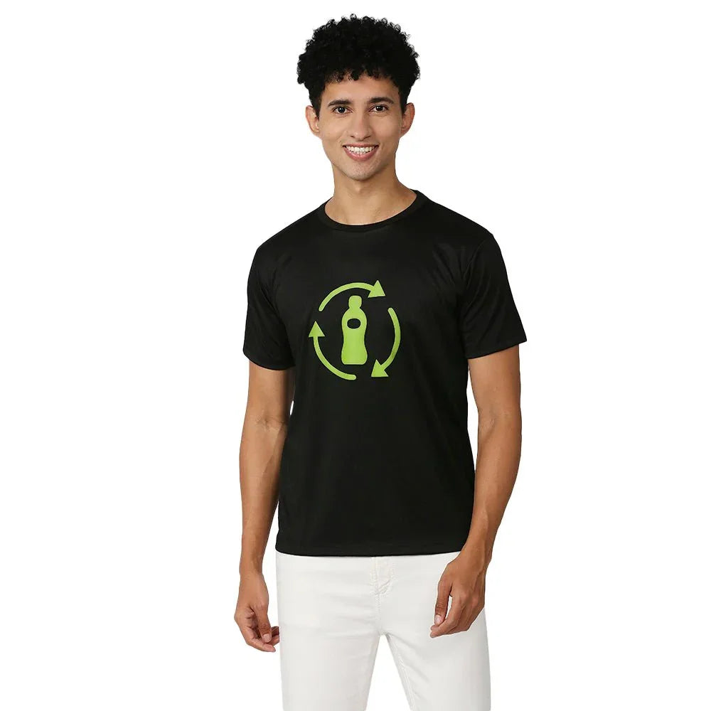 Men's Feather Touch Round Black T-Shirt with Pet Bottle Graphic