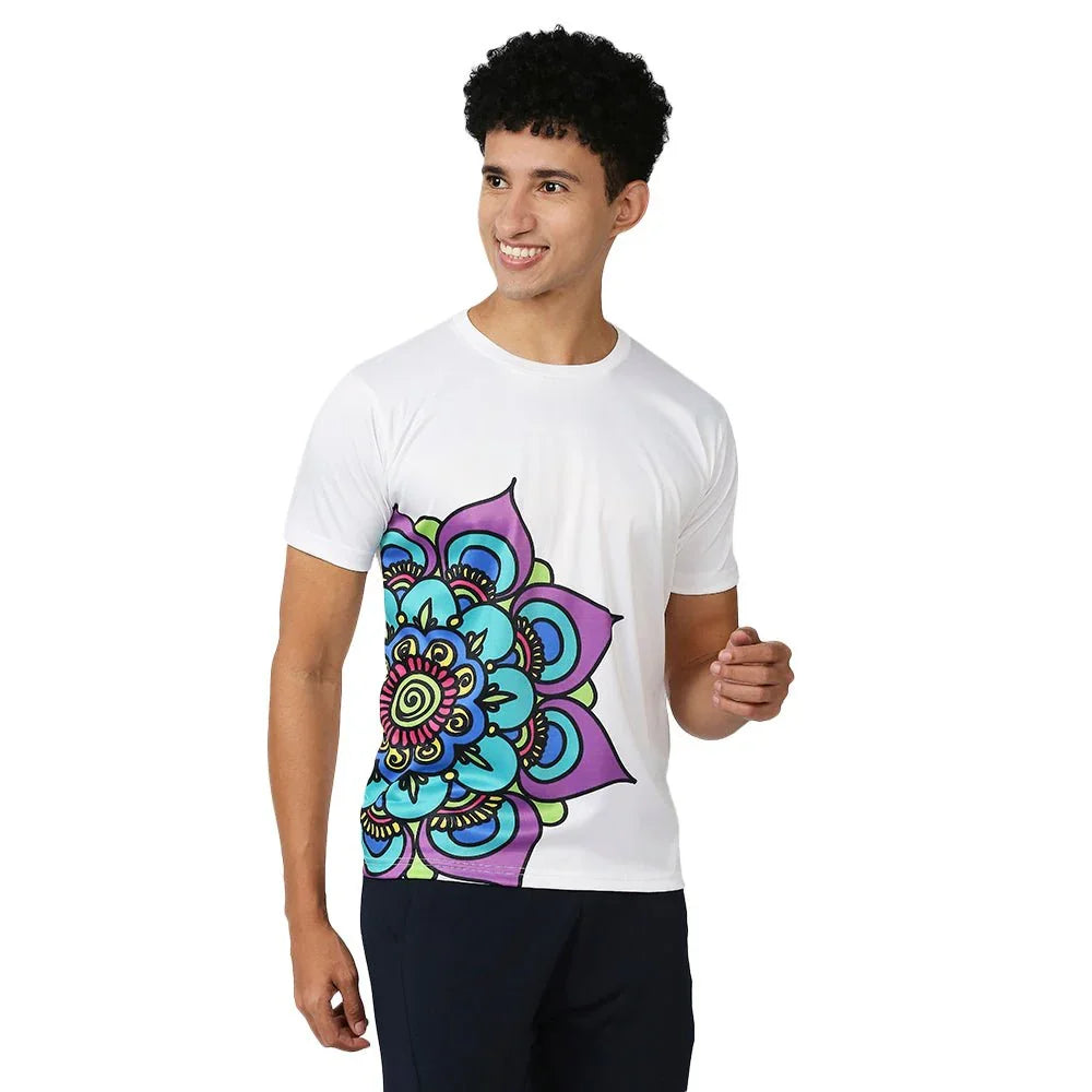 Feather Touch White Mandala & Madhubani Side Print Round Neck T-Shirt for Men