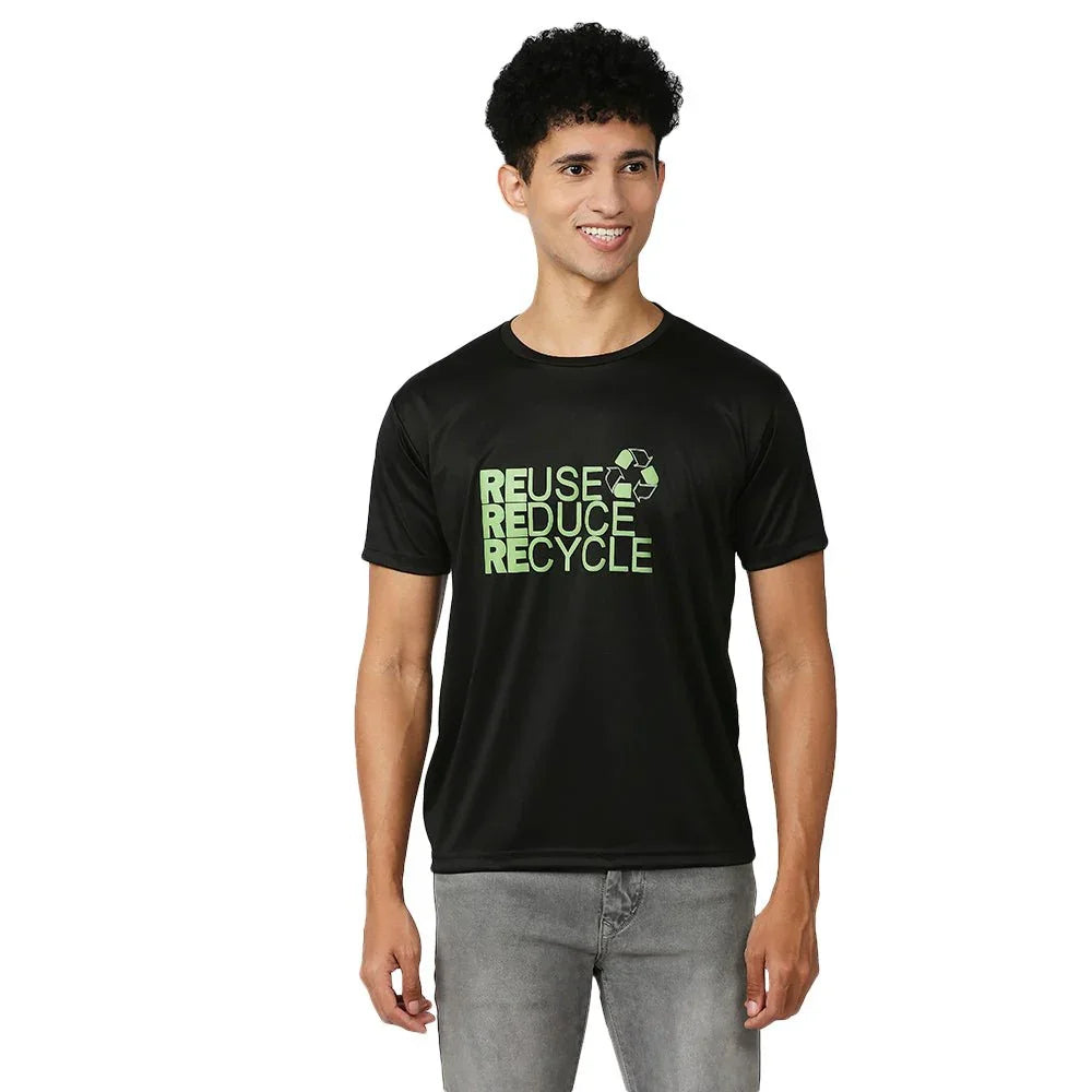 Feather Touch Black T-Shirt with Green Reduce, Reuse, Recycle Full Print for Men