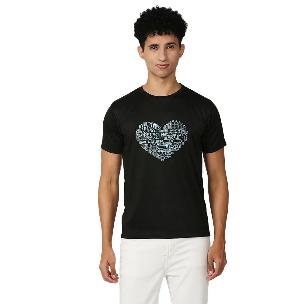 Feather Touch Black T-Shirt with Recycle Bottle, Save Nature Message in Heart Shape Men and Women's