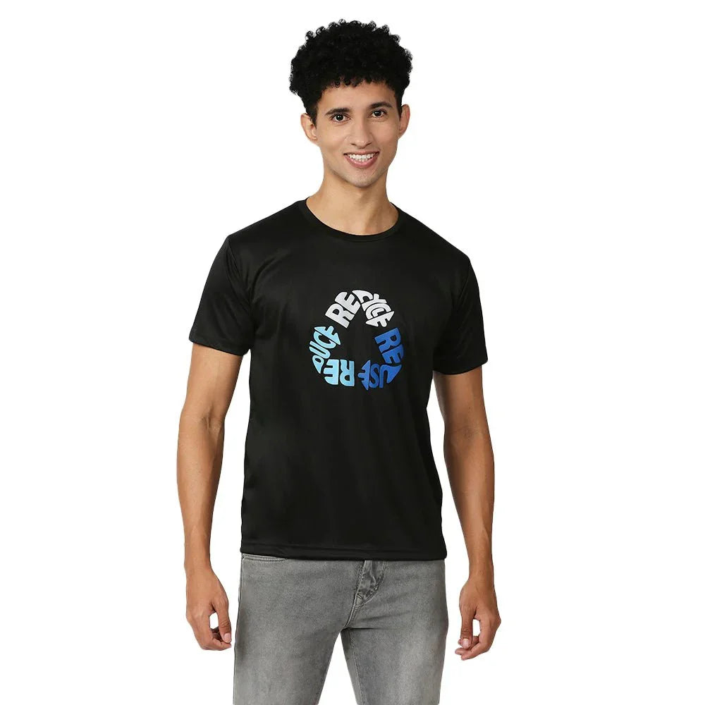 Feather Touch Black T-Shirt with Reduce, Reuse, Recycle Full Print Men and Women's