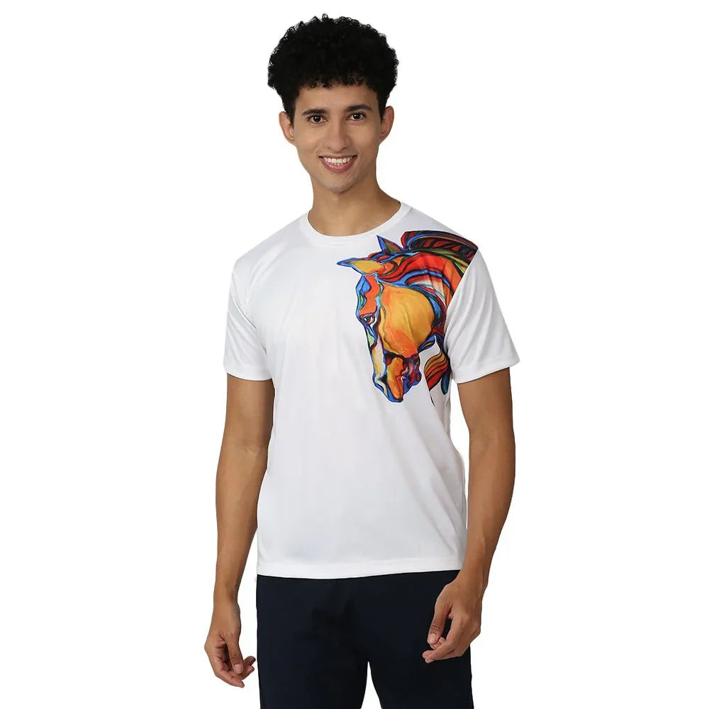 Feather Touch White Men's Horse Print Round Neck T-Shirt