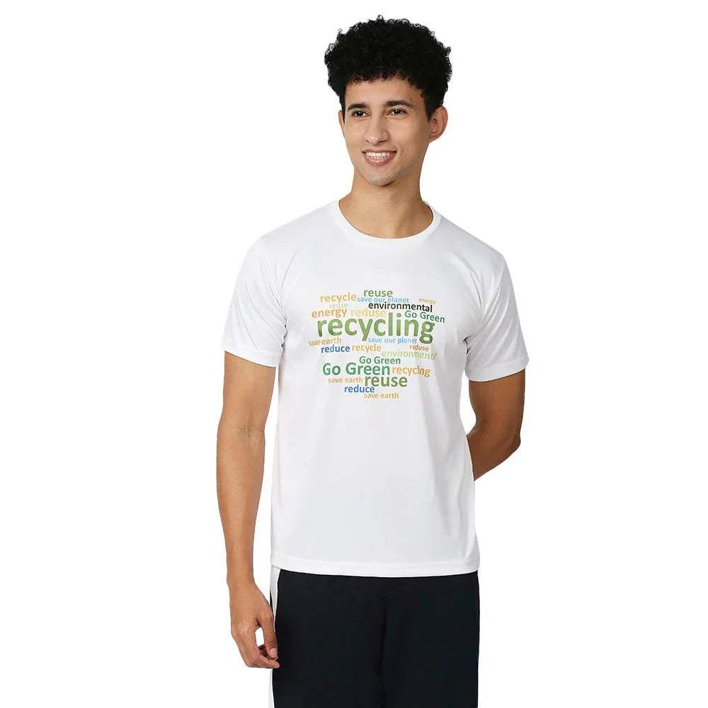 Feather Touch White Round Neck T-Shirt with Environmental Energy Print for Men