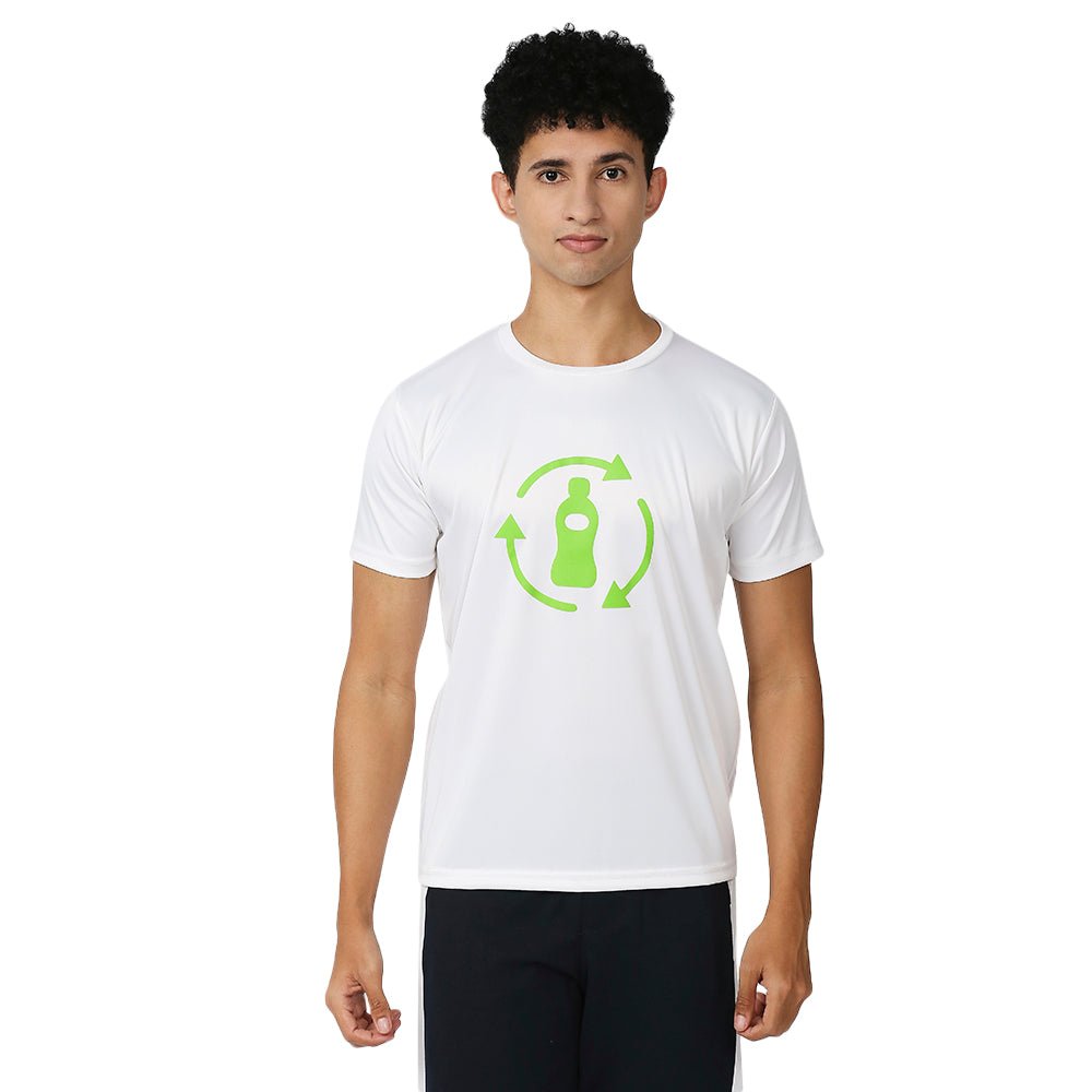 Men's Round White T-Shirt with Green Pet Bottle Graphic - Feather Touch Fabric