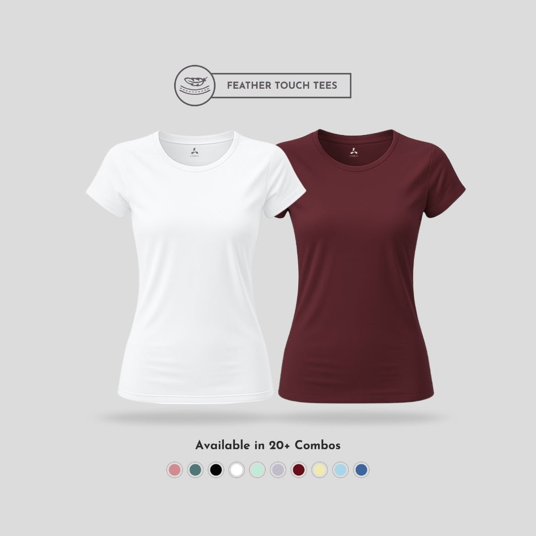 Women's Round Neck T-Shirt Combo – Feather Touch in White & Burgundy