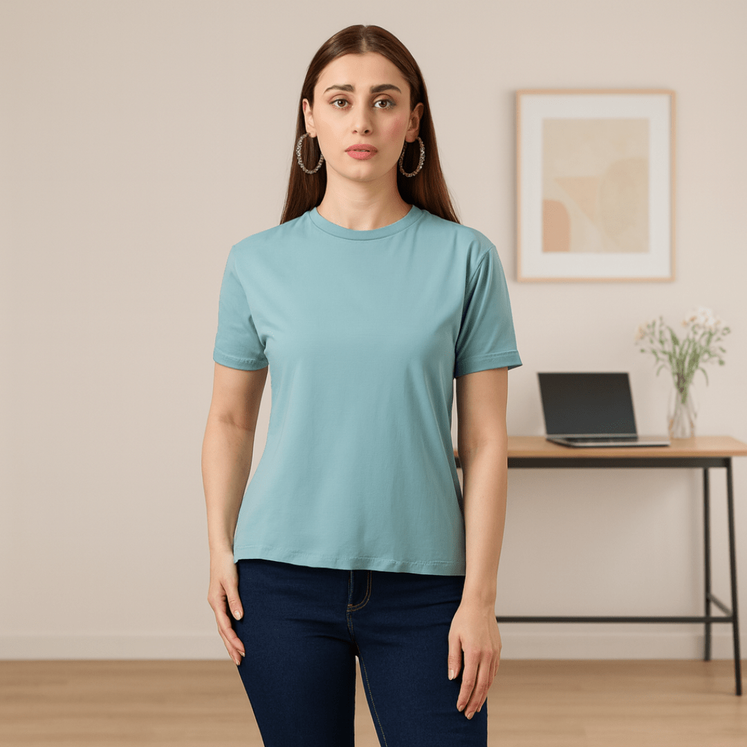 Women's Soft Feather Touch Army Solid Round Neck T-Shirt