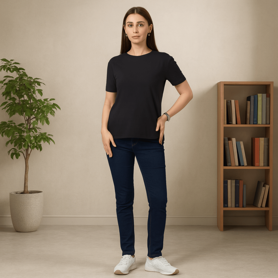 Women's Soft Feather Touch Black Solid Round Neck T-Shirt