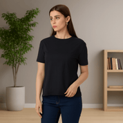 Women's Soft Feather Touch Black Solid Round Neck T-Shirt