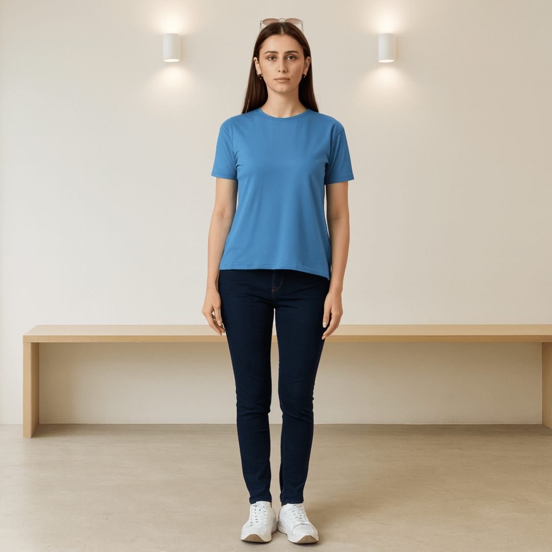 Women's Soft Feather Touch Blue Solid Round Neck T-Shirt