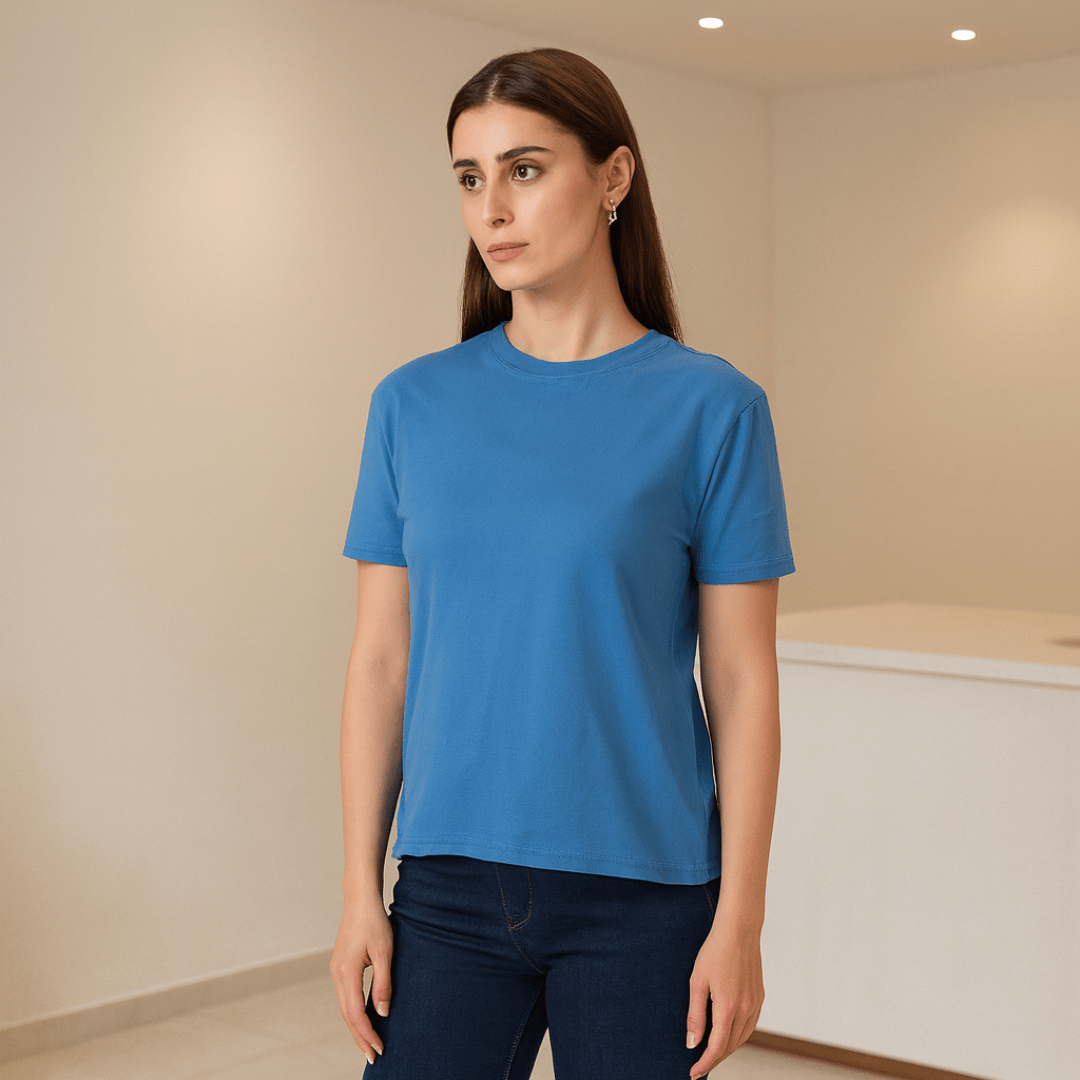 Women's Soft Feather Touch Blue Solid Round Neck T-Shirt