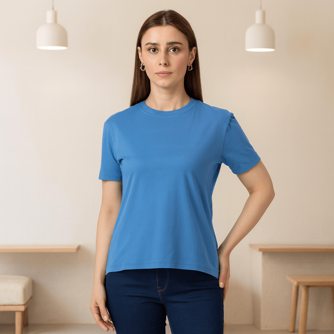 Women's Soft Feather Touch Blue Solid Round Neck T-Shirt
