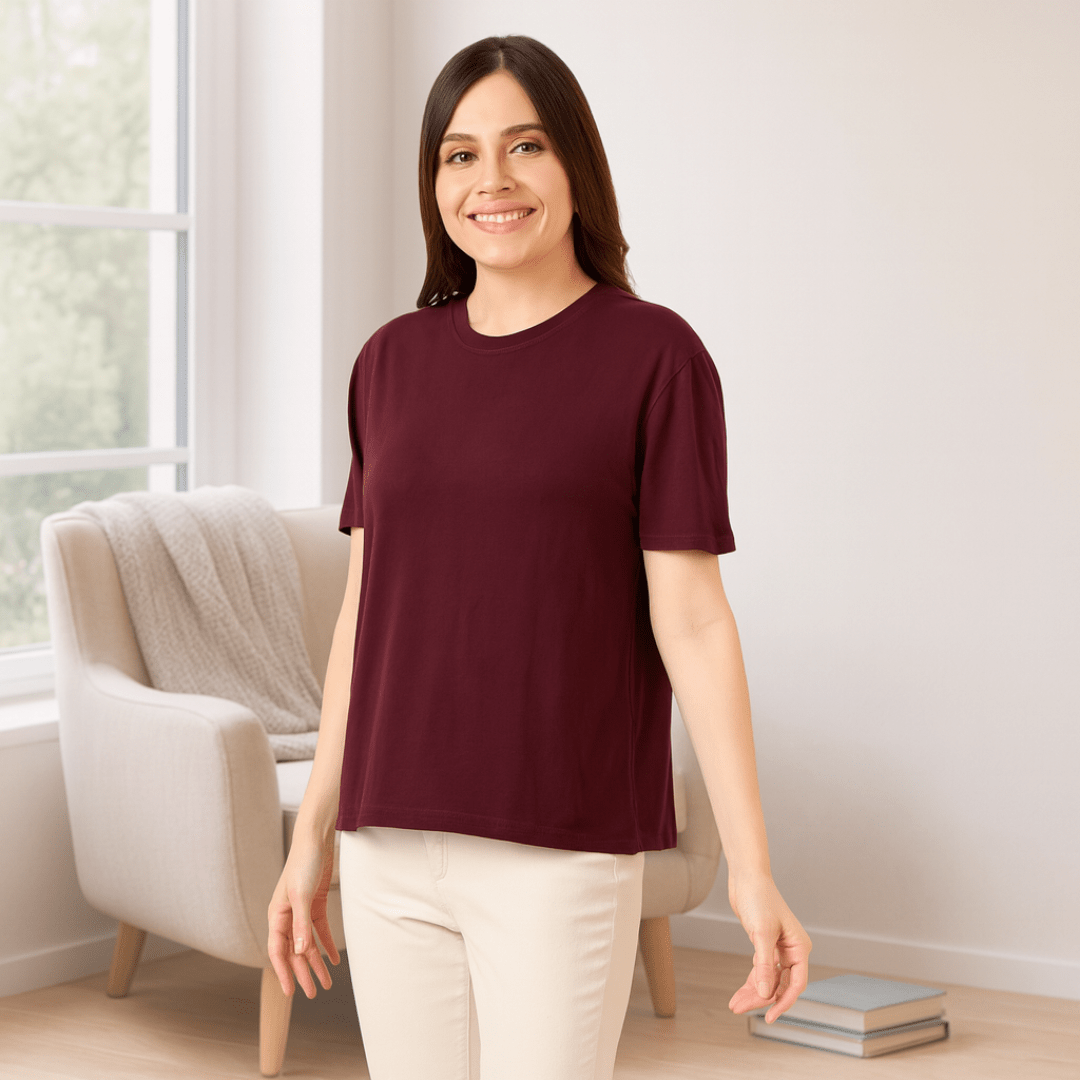 Women's Soft Feather Touch Burgundy Solid Round Neck T-Shirt