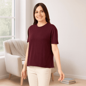Women's Soft Feather Touch Burgundy Solid Round Neck T-Shirt