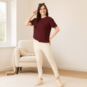 Women's Soft Feather Touch Burgundy Solid Round Neck T-Shirt