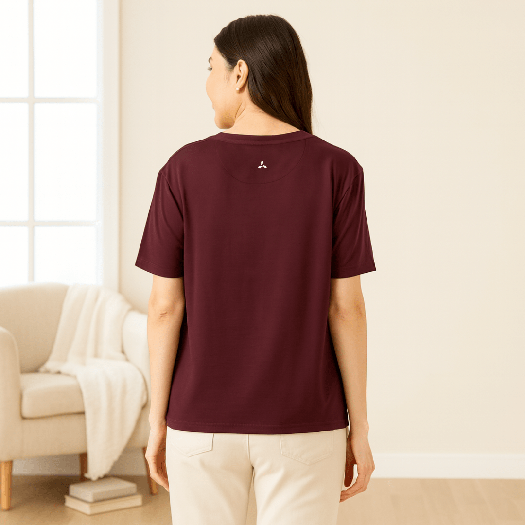 Women's Soft Feather Touch Burgundy Solid Round Neck T-Shirt