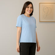 Women's Soft Feather Touch Sky Blue Solid Round Neck T-Shirt