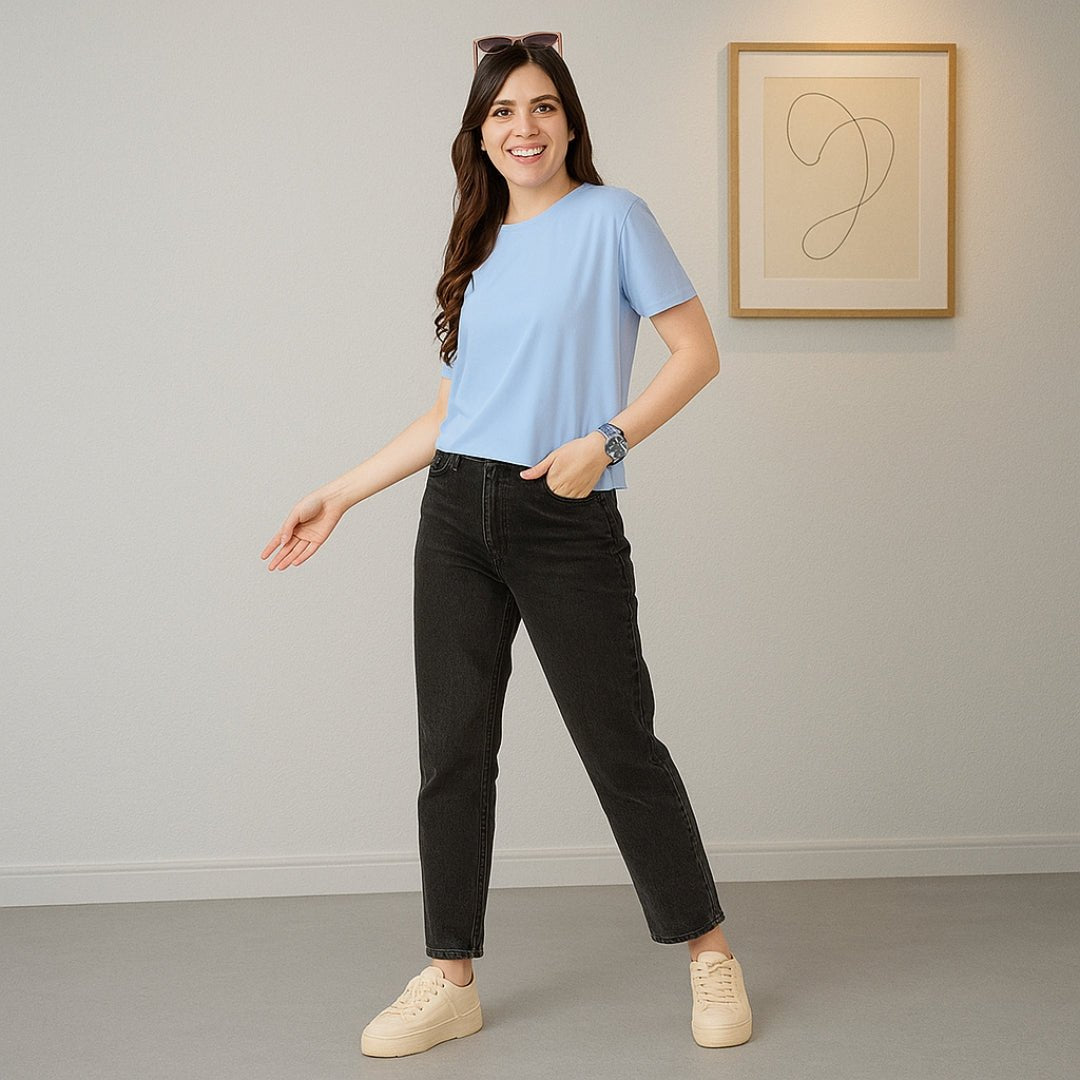 Women's Soft Feather Touch Sky Blue Solid Round Neck T-Shirt