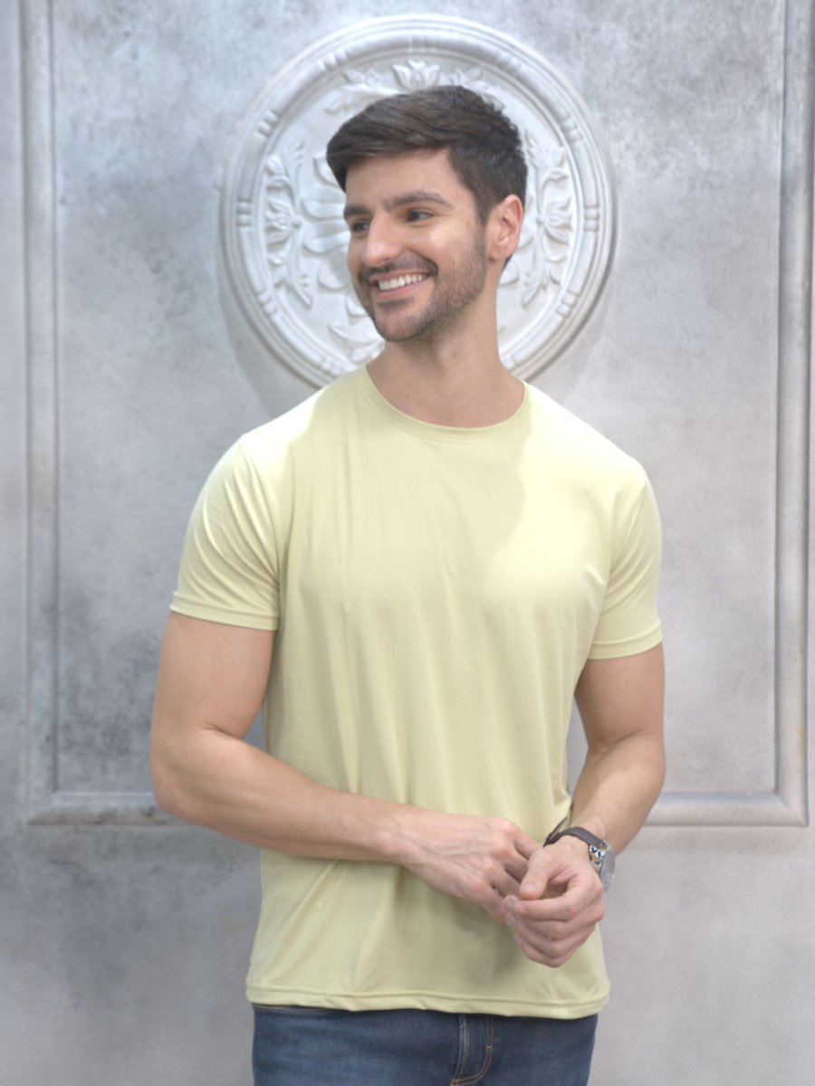 Yellow Round Neck Solid T-Shirt Men